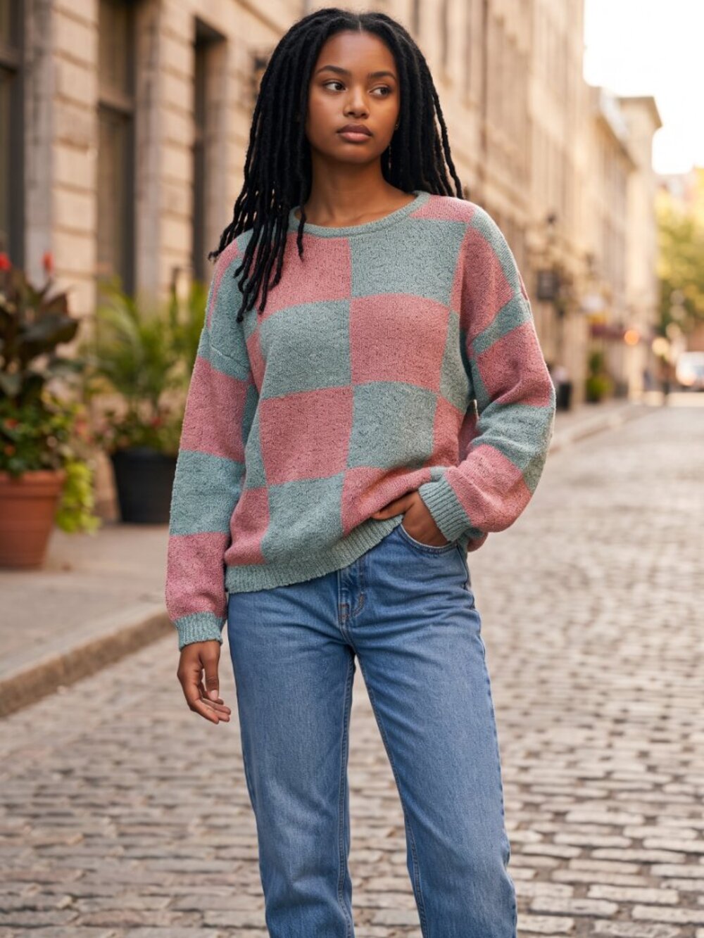 Olivaceous Oversized Checkerboard Sweater Pink Sage Green Size S NWOT